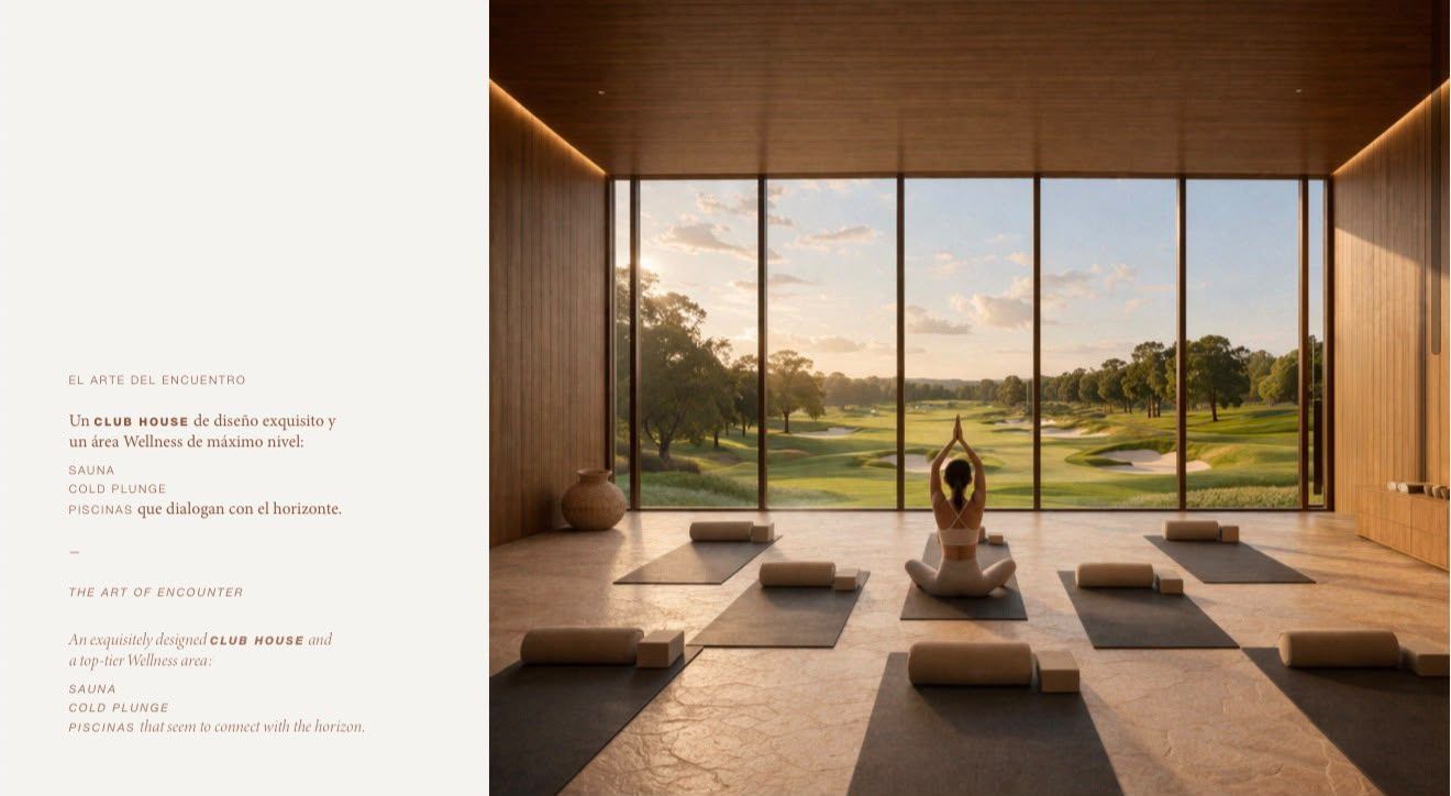 Sala de yoga con vista al golf, en una página del brochure