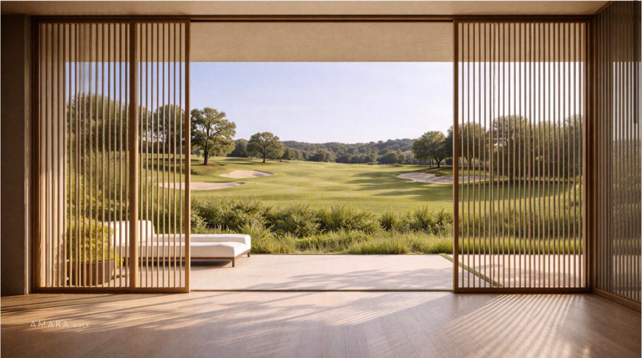 Render interior con paneles corredizos abiertos al fairway