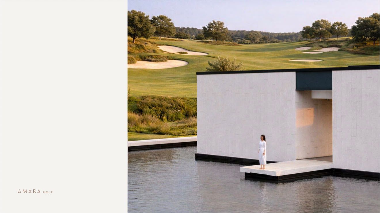 Render del club house sobre el espejo de agua, en una página del brochure