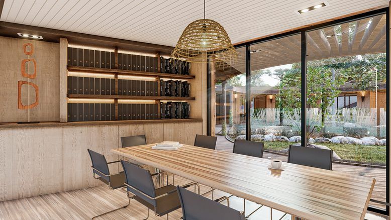 Render del SUM biblioteca con mesa larga y ventanal al jardín