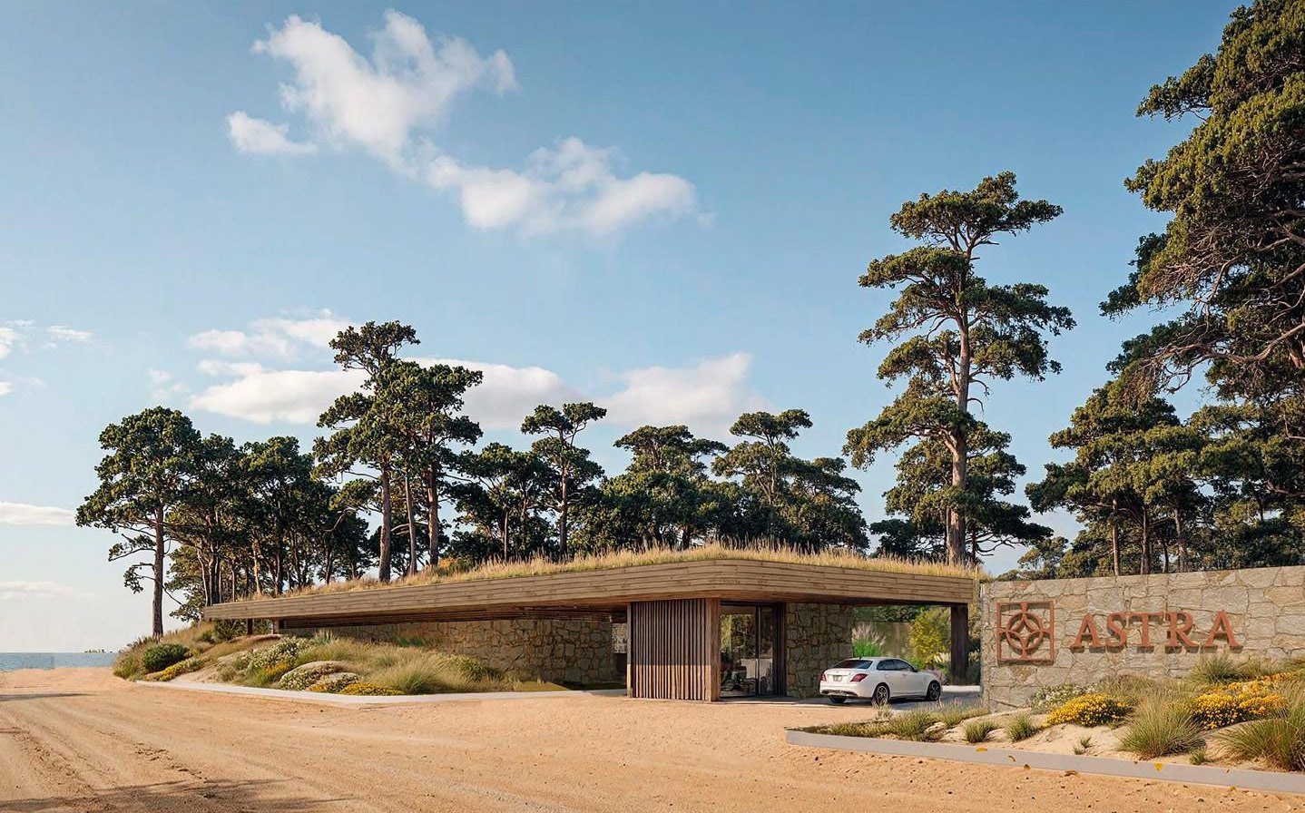 Render of the access to Astra among the pines