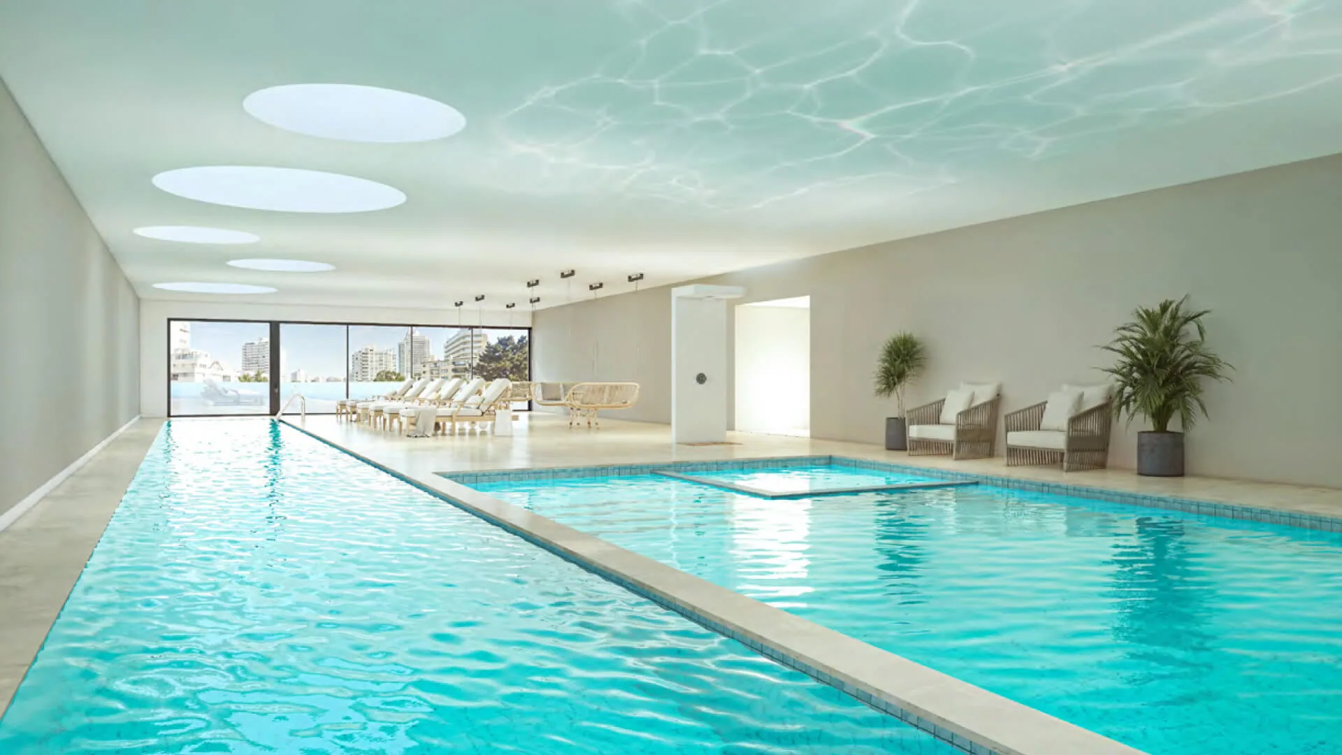 Render de la piscina climatizada interior con vista a las torres