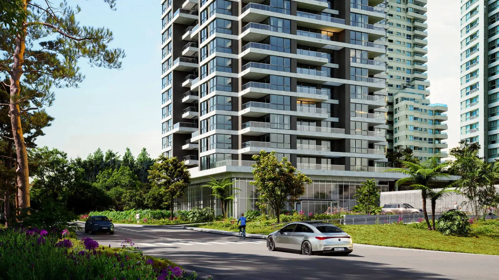 Render de la esquina con la calle, los autos y las torres vecinas de Le Parc
