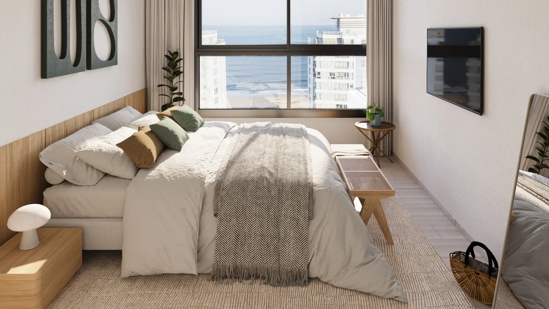 Render de un dormitorio con ventanal a la playa Brava