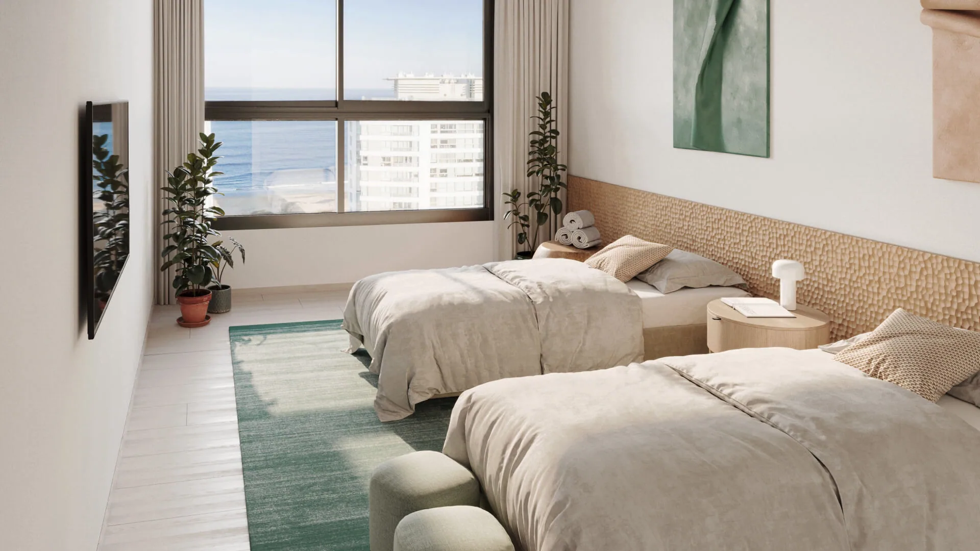 Render de dormitorio en tonos verdes con vista al mar entre las torres