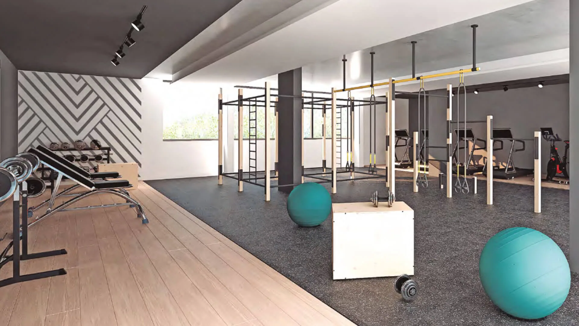 Render del gimnasio con estructura de crossfit y equipos de cardio
