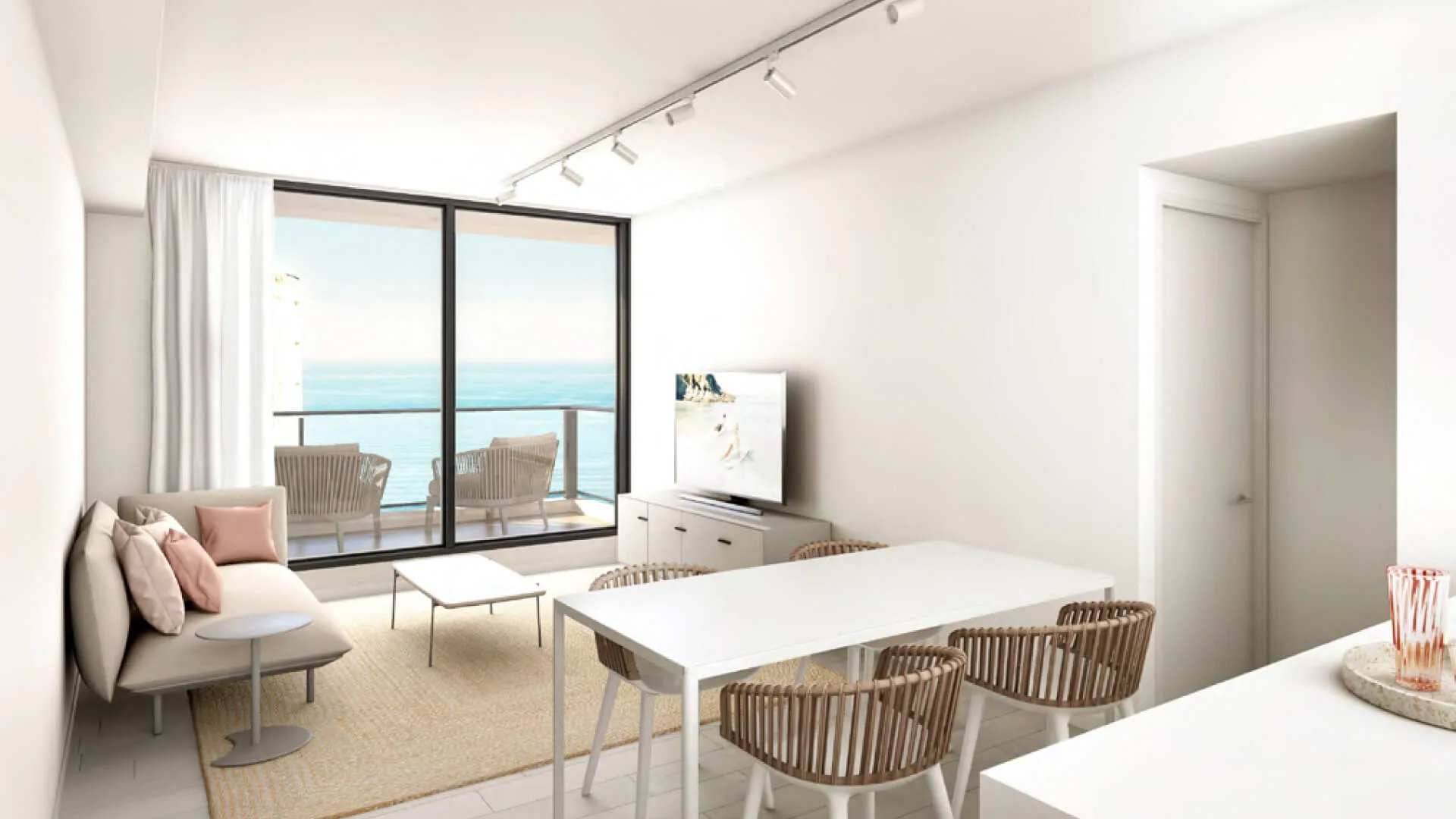 Render del living comedor con balcón al mar