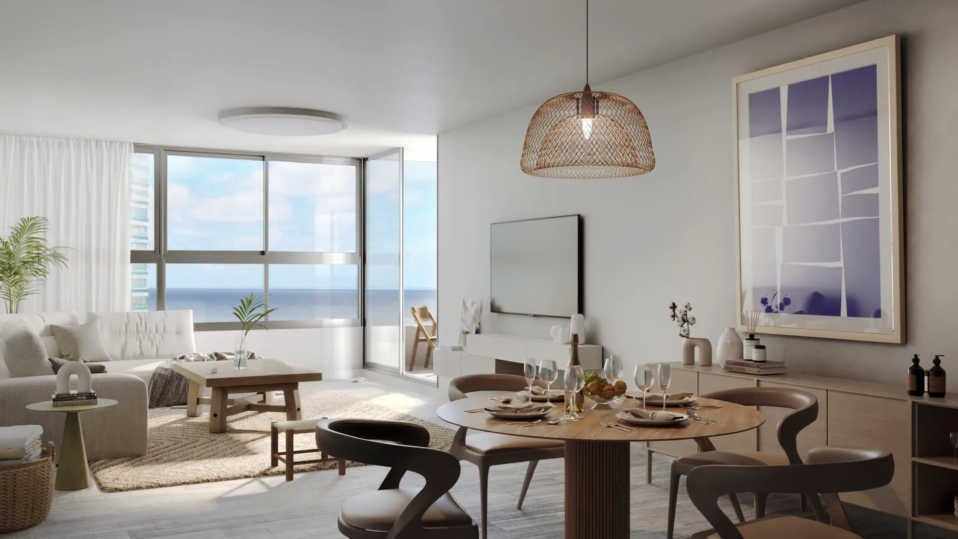 Render de living amplio con mesa redonda y el horizonte de mar