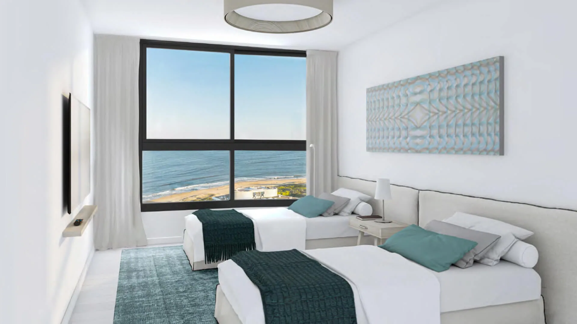 Render de dormitorio con la playa Brava y la costa por la ventana