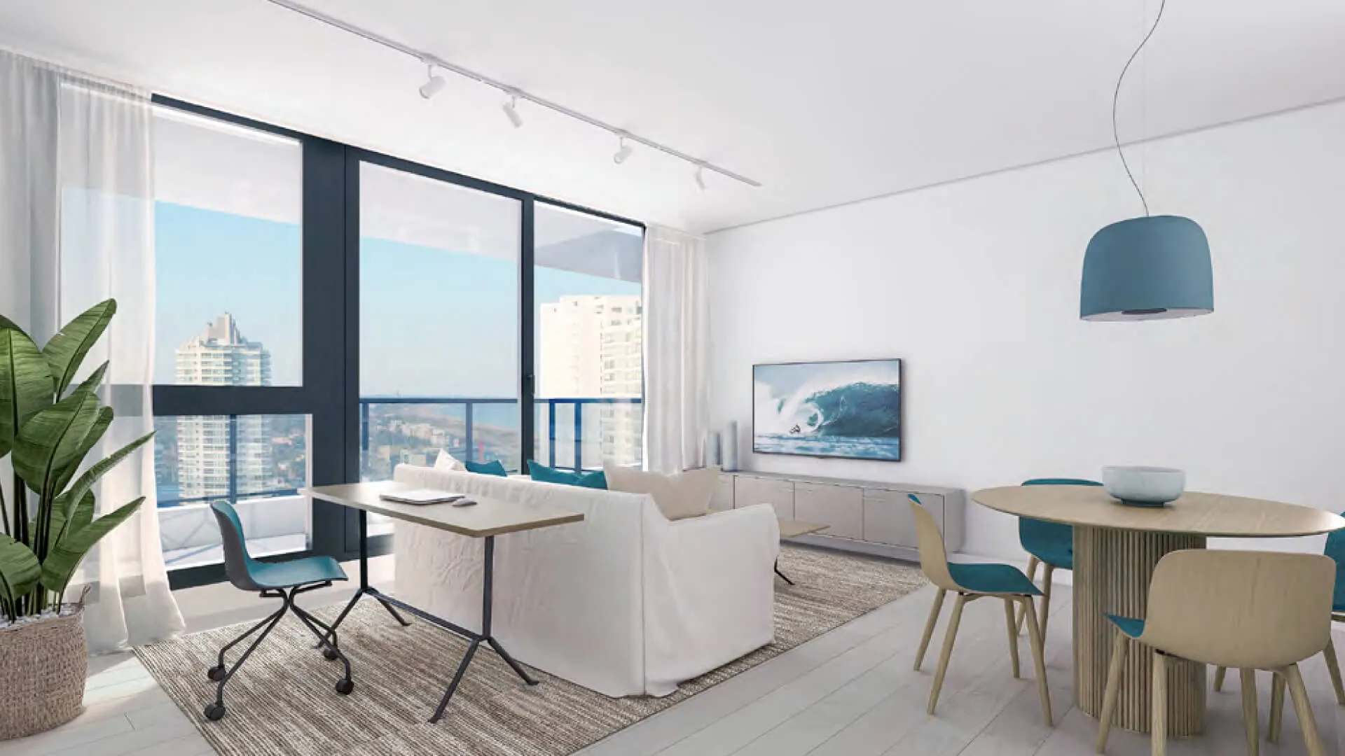 Render de living con vista al skyline de la Roosevelt