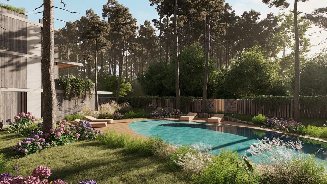 Render del jardín con piscina y camastros, por la tarde