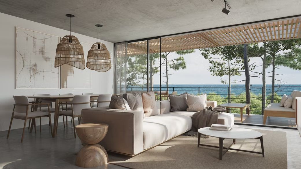 Render del living comedor con ventanal al mar