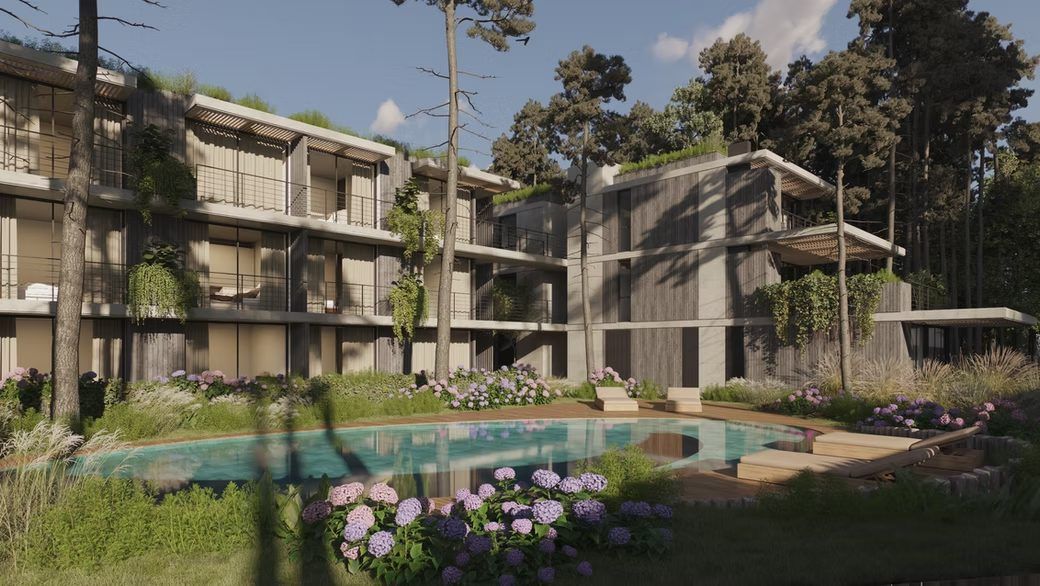 Render de la piscina central entre los bloques