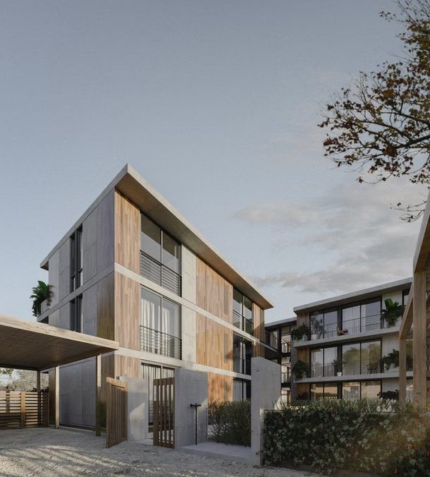 Render de la fachada interna con cochera cubierta y portón de madera