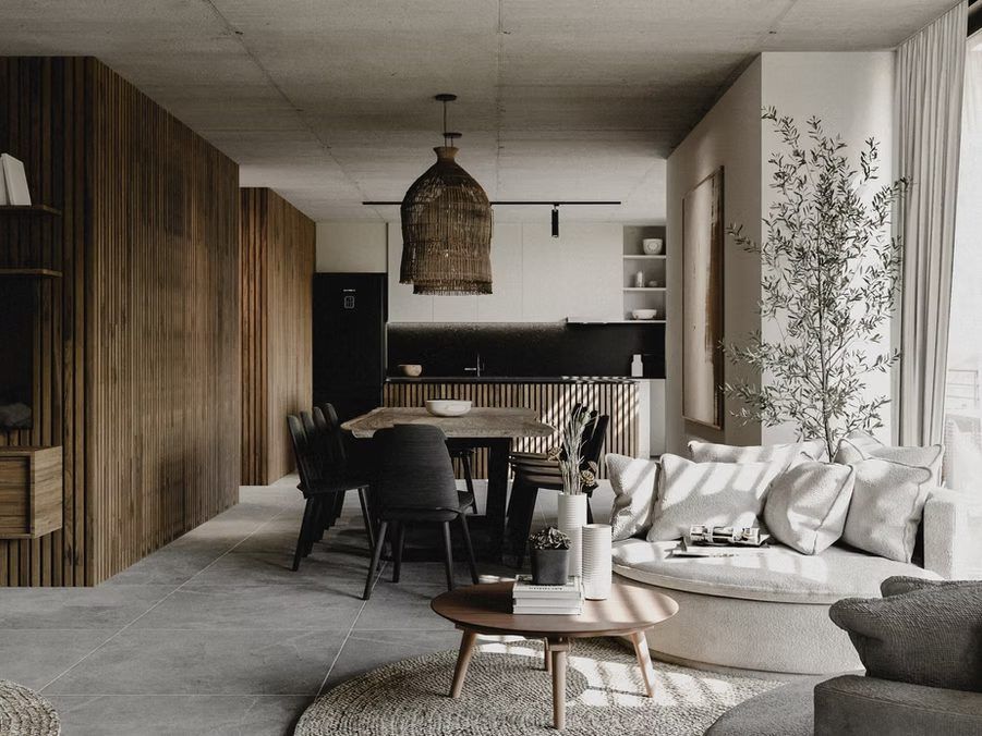 Render del living comedor integrado, con madera y luz natural