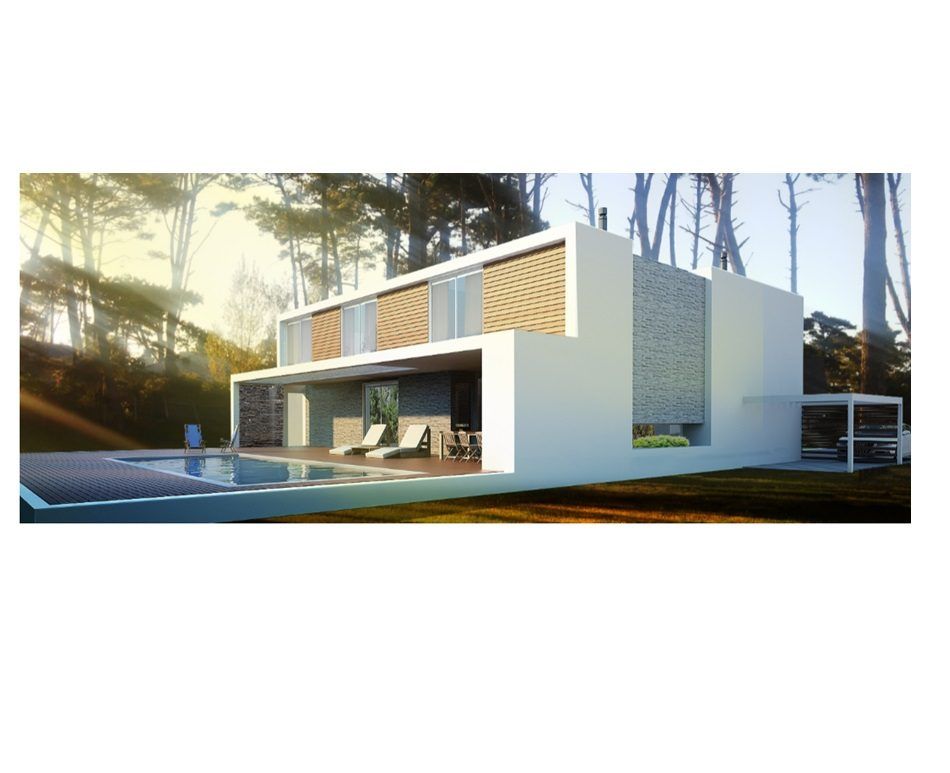 Render de una casa del barrio al atardecer, en lámina de folleto