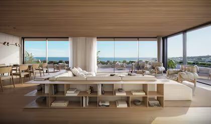 Render del living con ventanales y el mar de fondo