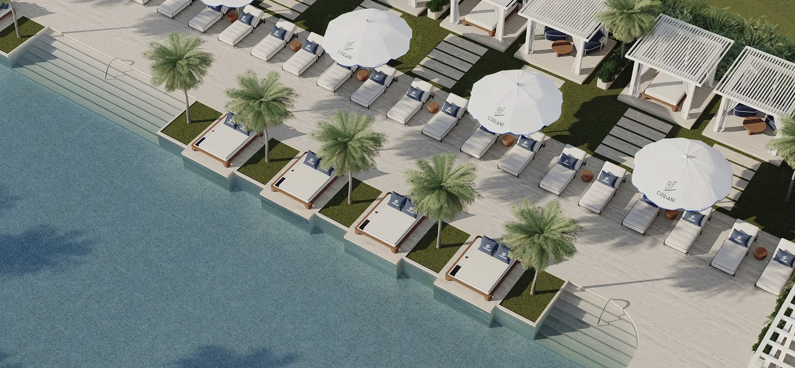 Render aéreo del beach club de Cipriani: camastros, sombrillas y cabañas al borde de la piscina