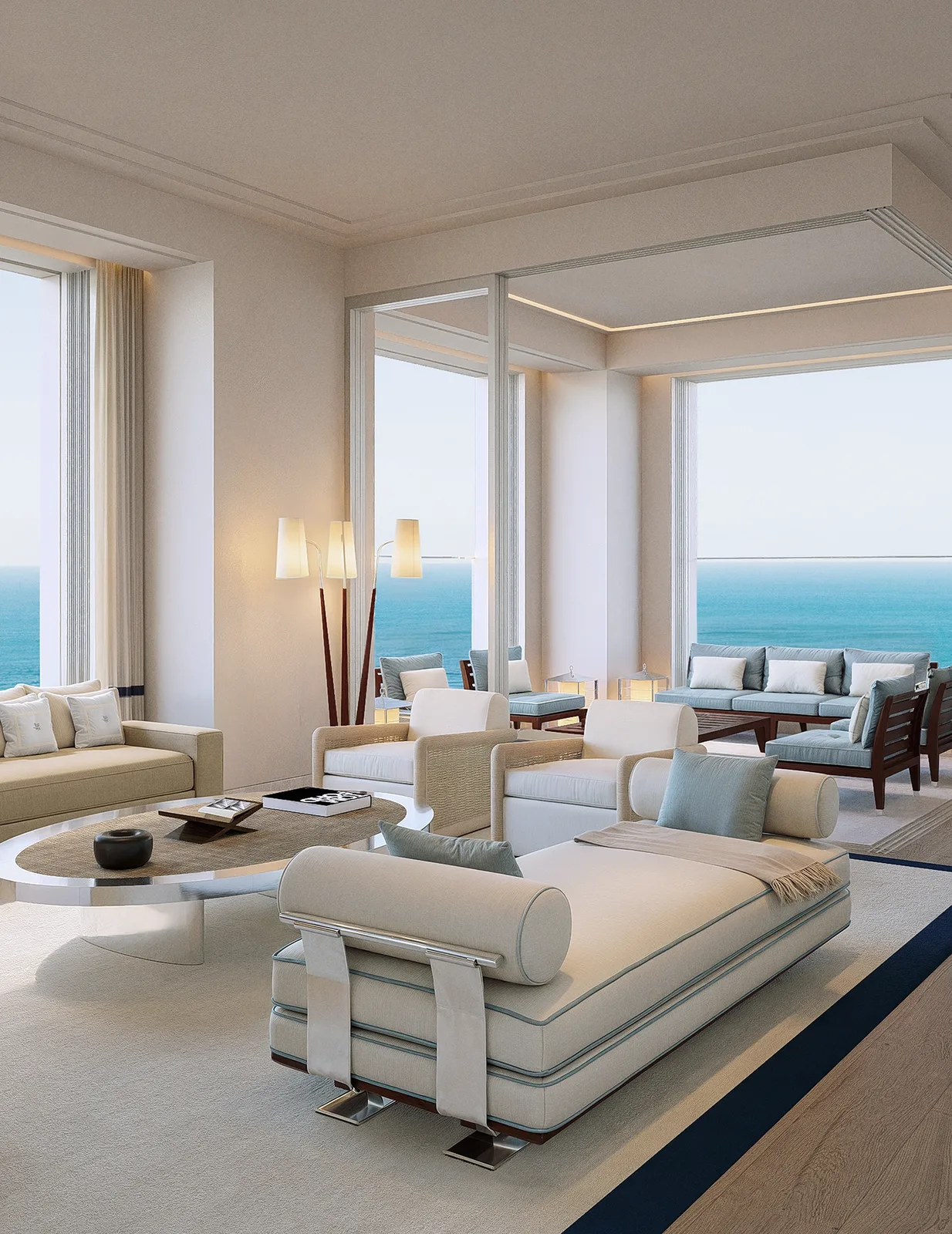 Living integrado a la terraza con vista al mar