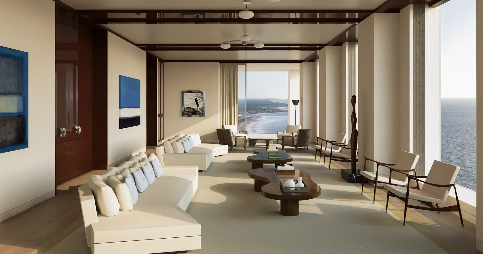 Living de una residencia Cipriani con la costa de la Brava de fondo