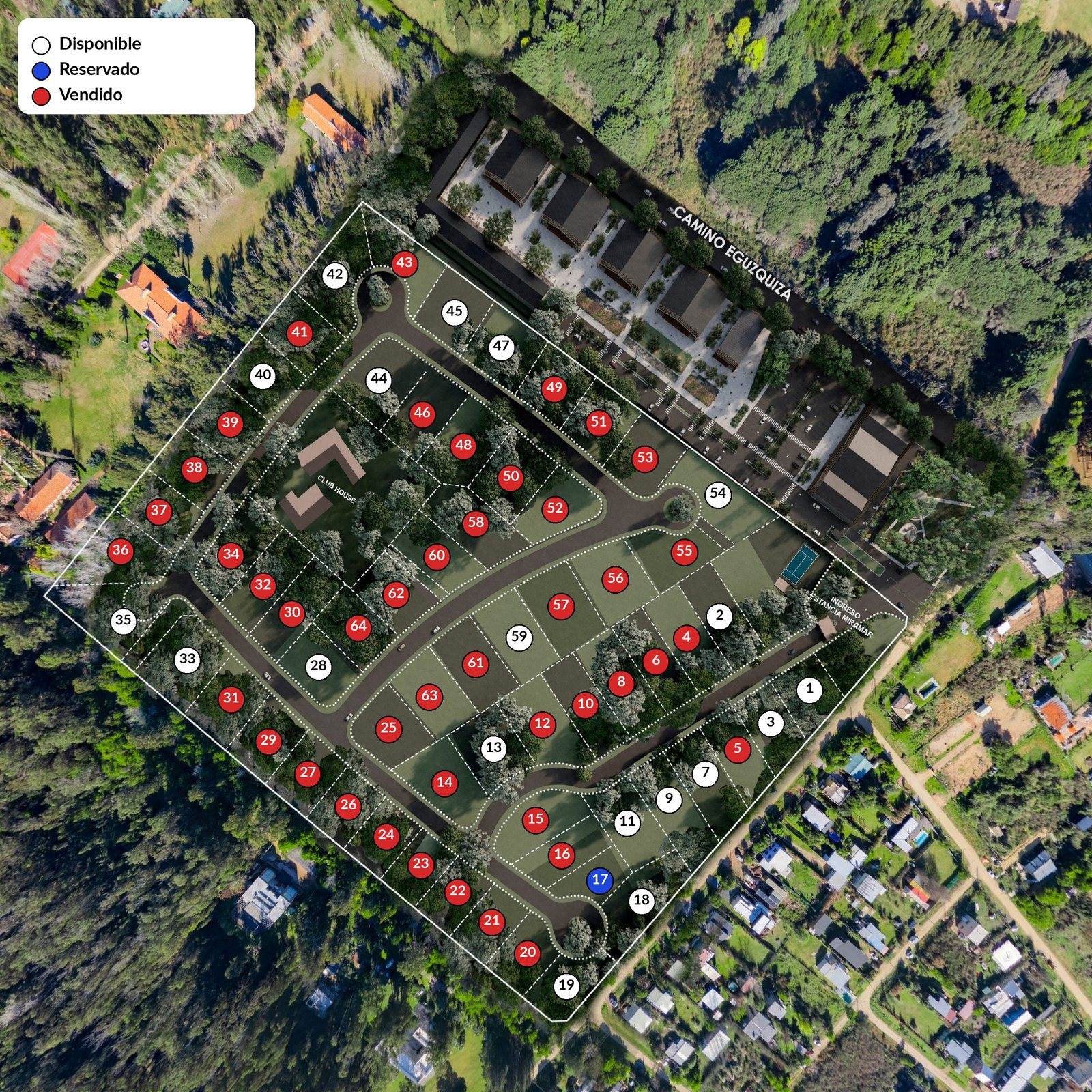 Masterplan de Estancia Miramar con los lotes disponibles, reservados y vendidos