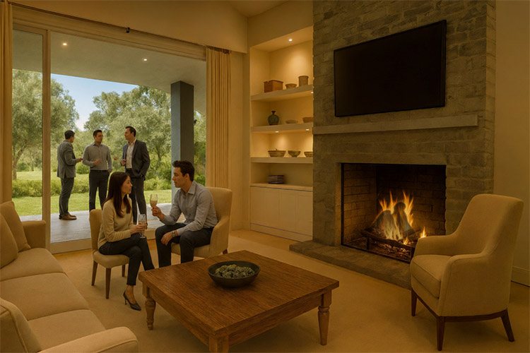 Living con estufa a leña en el Club House de Estancia Miramar