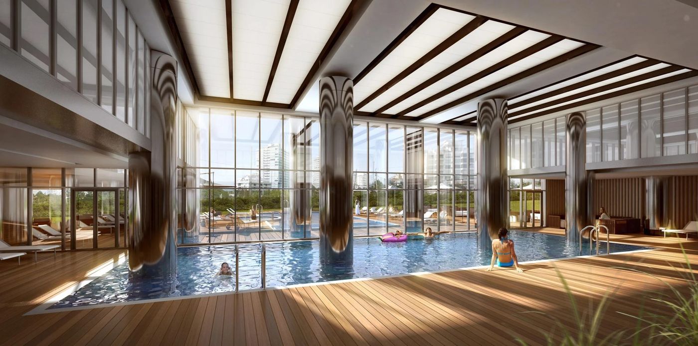 Render de la piscina interior climatizada con columnas espejadas