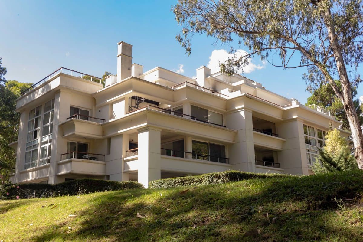 Exterior del edificio blanco entre eucaliptos, sobre el césped