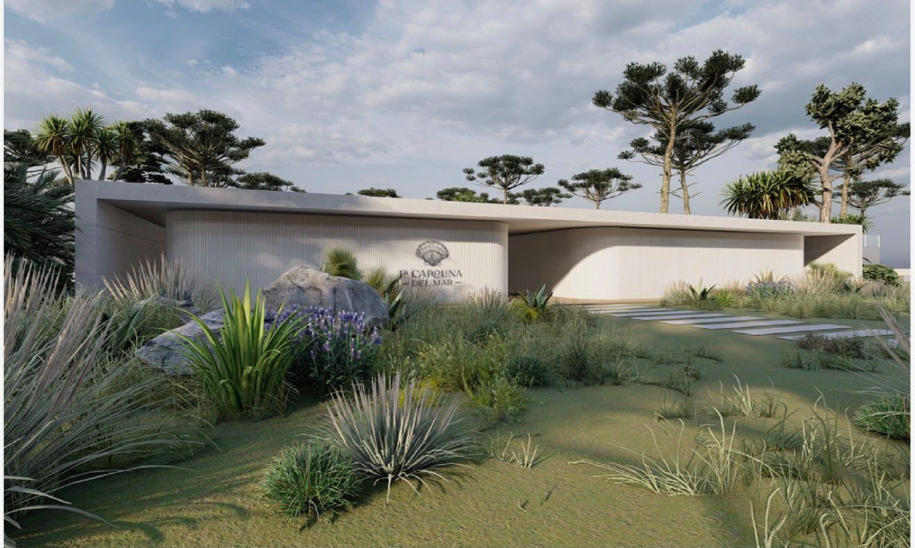Render del club house bajo, entre la vegetación nativa