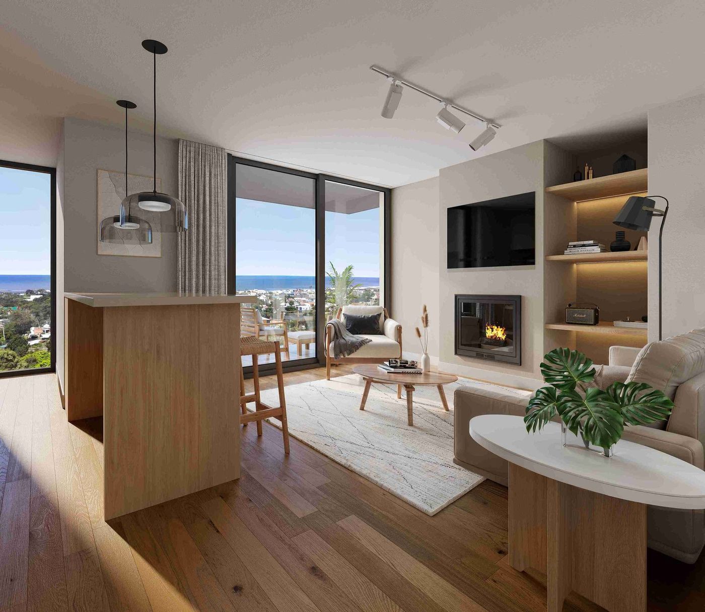 Render del living con estufa, barra de madera y ventanal a La Barra y el mar