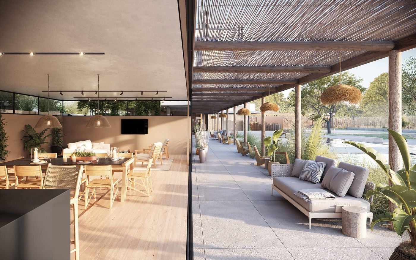 Render del clubhouse con pérgola de cañas junto a la piscina
