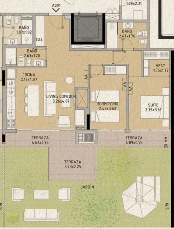 Planta da unidade A-001 de La Guadalupe, 2 quartos