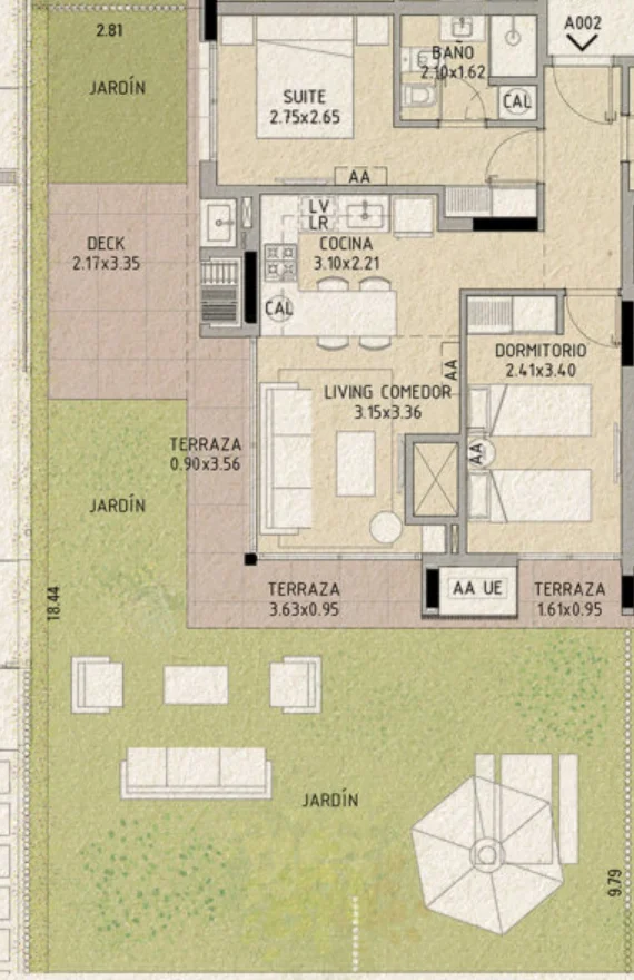 Planta da unidade A-002 de La Guadalupe, 2 quartos