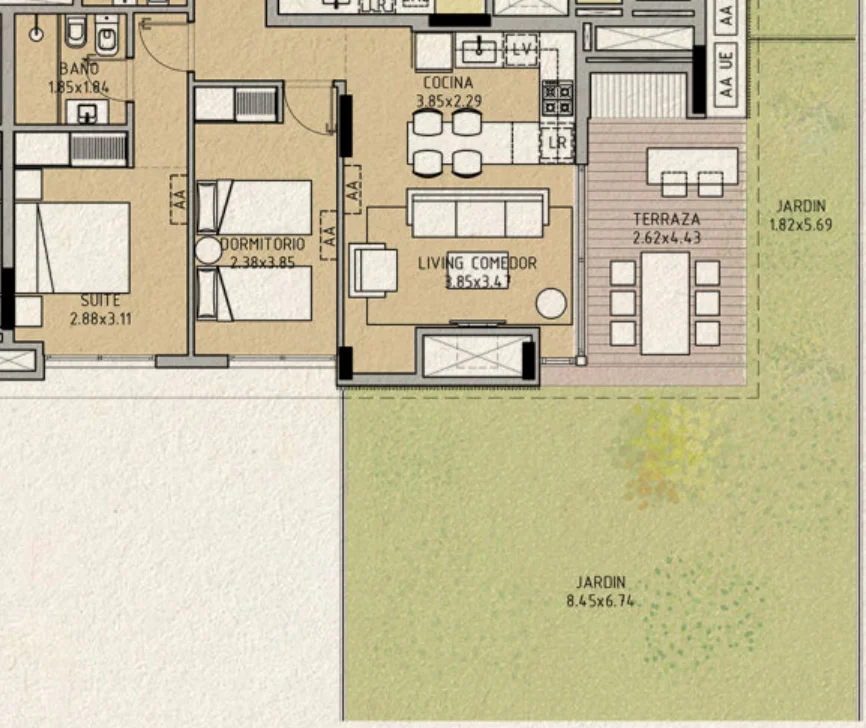 Planta da unidade A-106 de La Guadalupe, 2 quartos