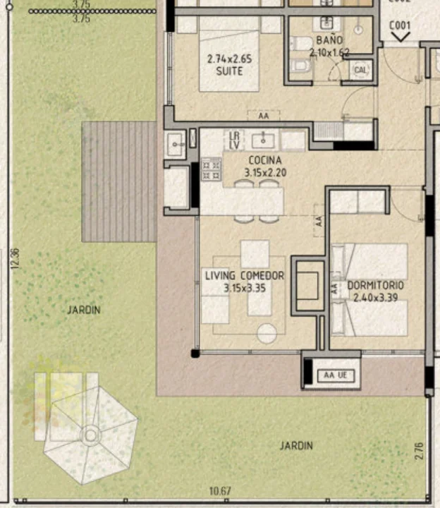 Planta da unidade C-001 de La Guadalupe, 2 quartos