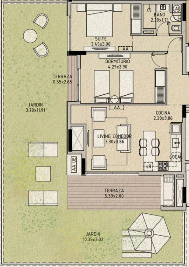 Planta da unidade D-001 de La Guadalupe, 2 quartos