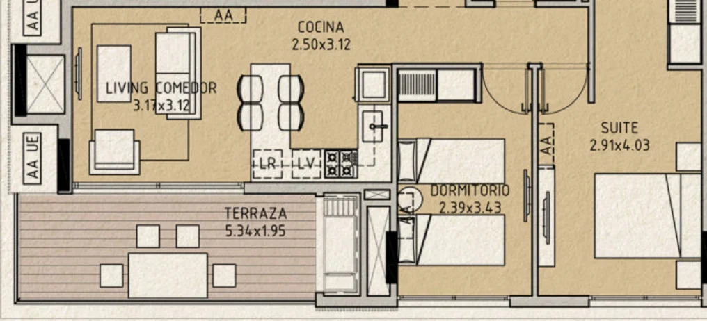 Planta da unidade D-101 de La Guadalupe, 2 quartos