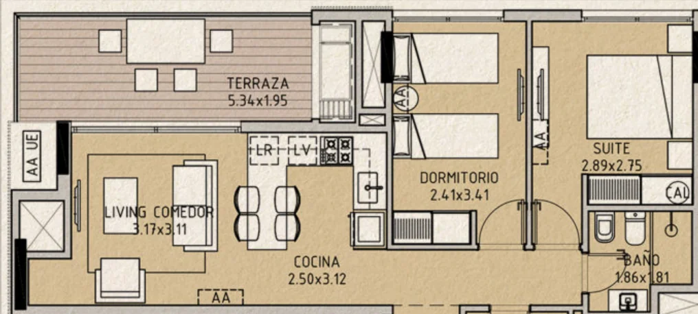Planta da unidade D-103 de La Guadalupe, 2 quartos