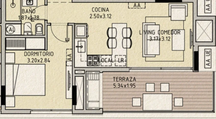 Planta da unidade D-206 de La Guadalupe, 1 quarto