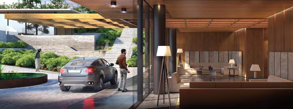 Render del acceso a Loma Verde, con la cochera de cortesía y el lobby en madera