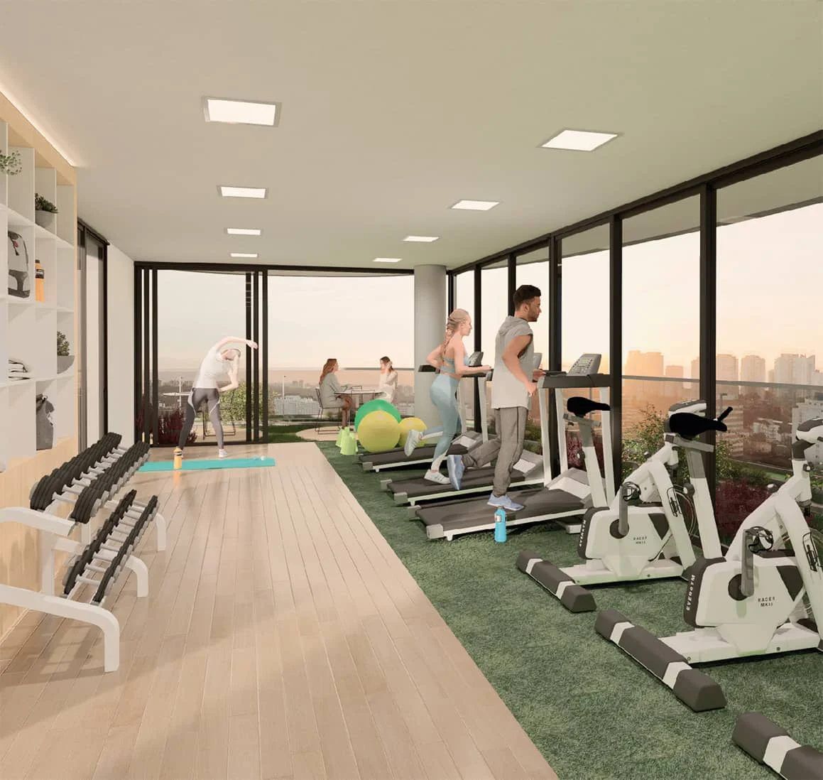 Render del gimnasio panorámico, con vista a la ciudad