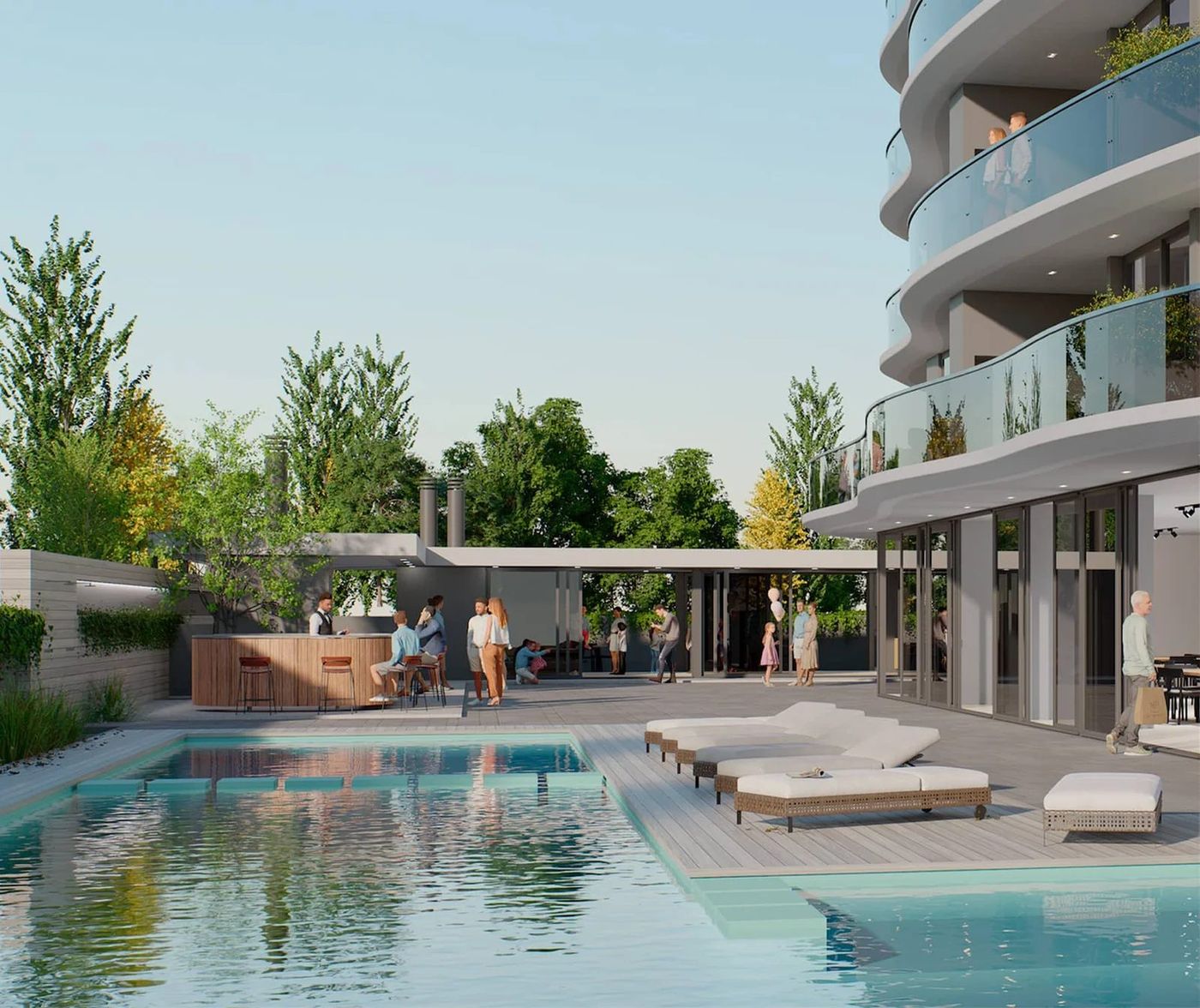 Render de la piscina exterior con bar y deck, al pie de la torre