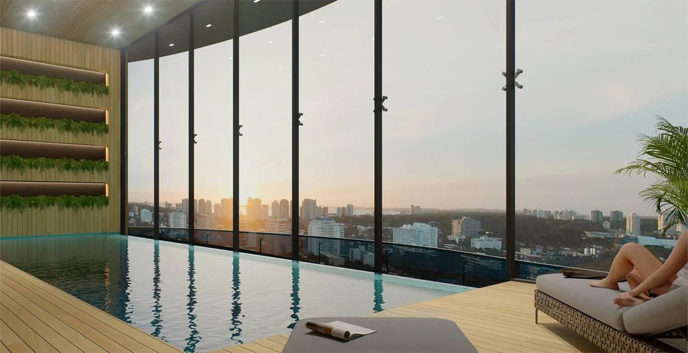Render de la piscina climatizada vidriada, con vista panorámica a Punta del Este