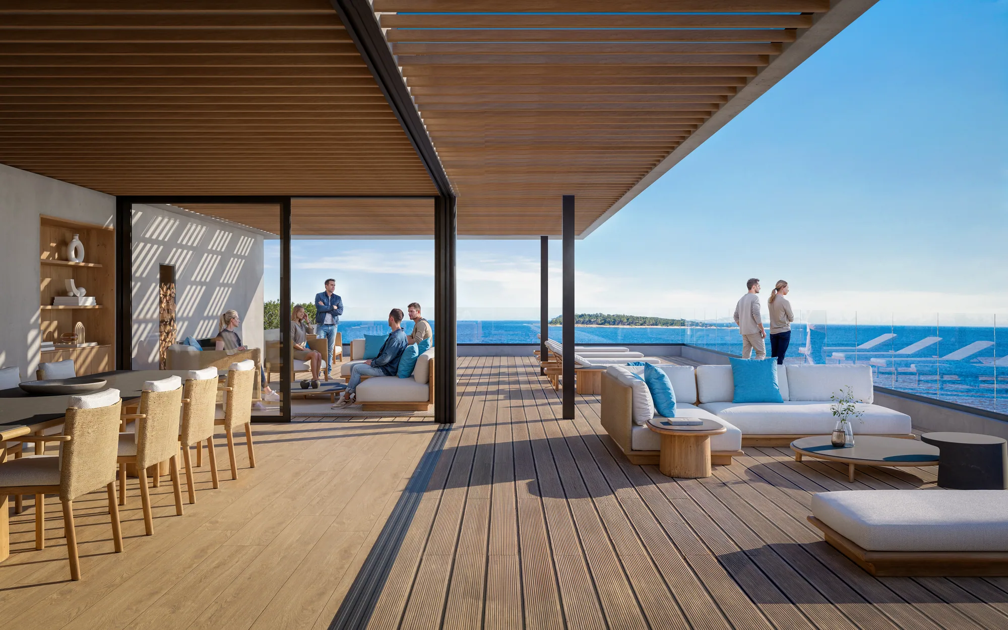Render del rooftop de Mansa Mood 5, con pérgola, livings exteriores y el mar de fondo