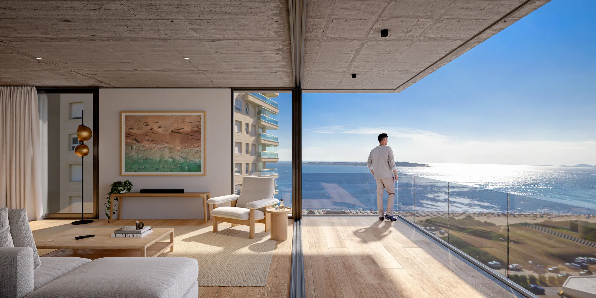 Render del living con la esquina vidriada abierta y un hombre en el balcón