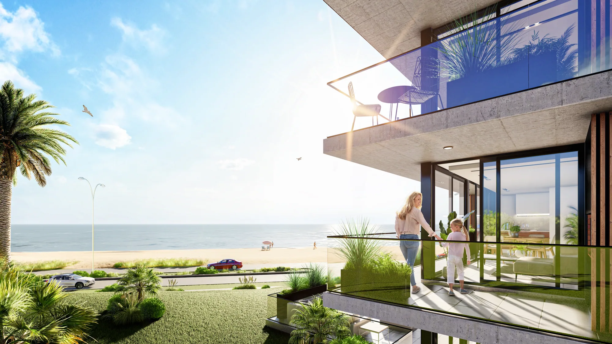 Render del balcón de Mansa Wave con una madre y su hija, y la Playa Mansa de fondo