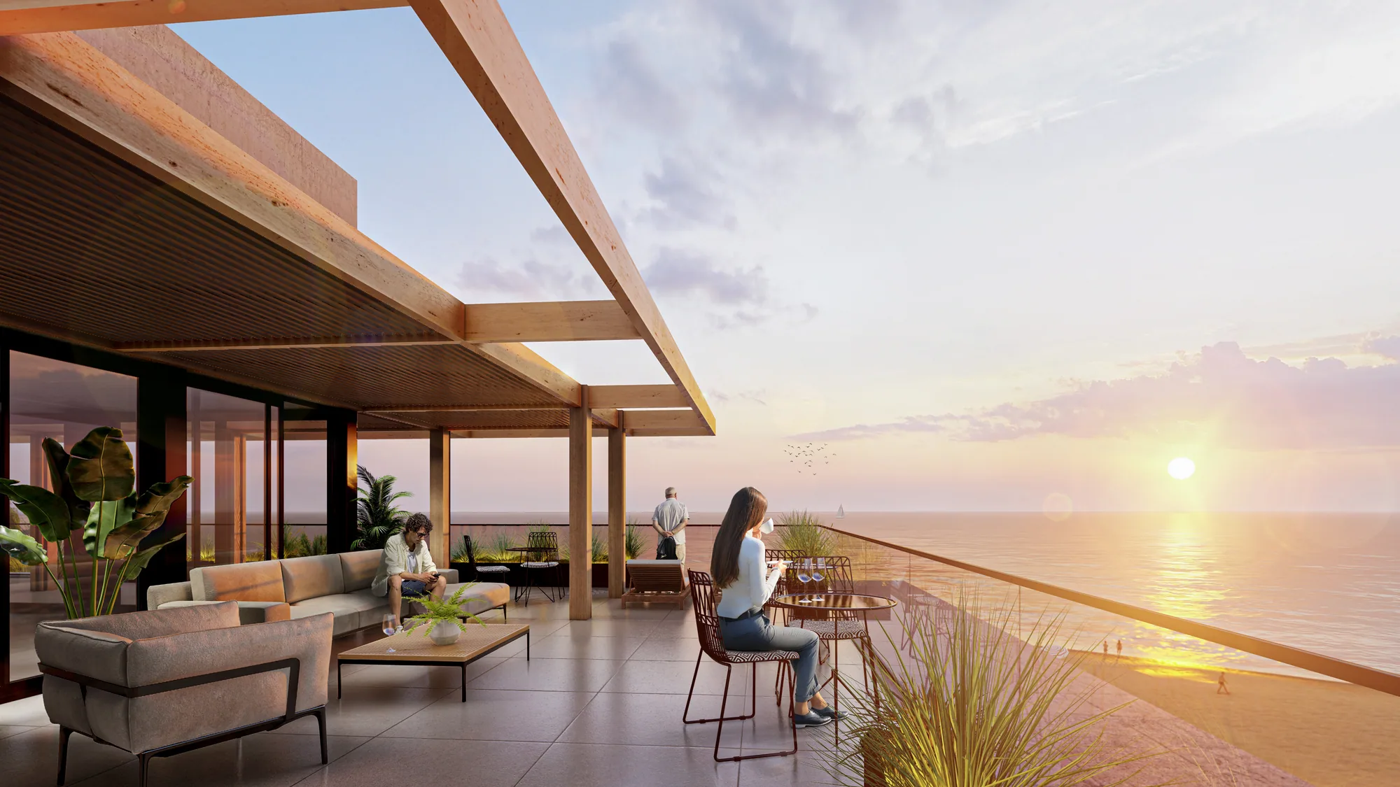 Render del rooftop con pérgolas de madera y el atardecer sobre el mar