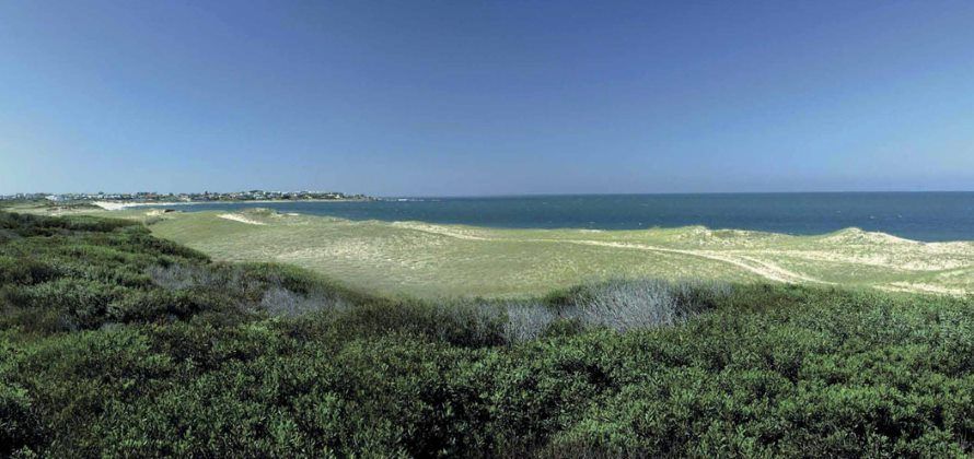 Panorámica del campo con dunas y monte nativo frente al mar, con José Ignacio al fondo