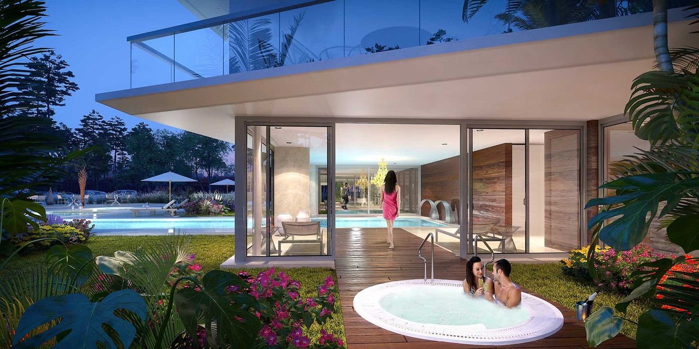 Render nocturno del jacuzzi y la piscina del amenity, con una pareja
