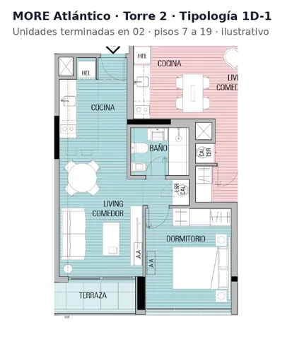 Floor plan, unit type 1D-1 at More Atlántico, tower 2